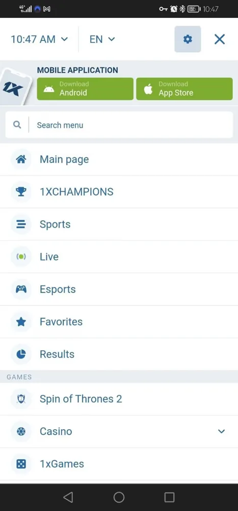 1xBet app screenshot
